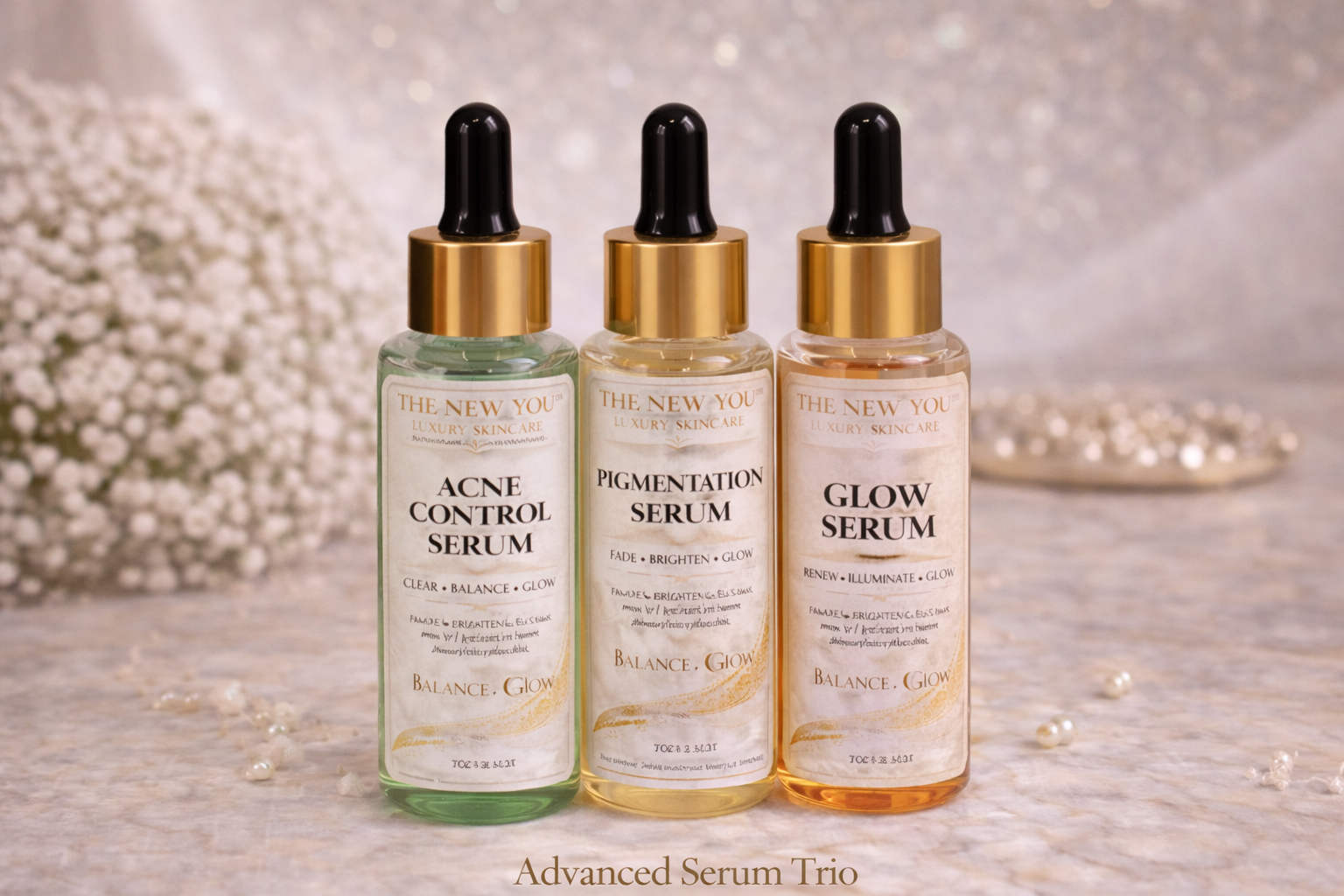 Three powerful serums designed to target breakouts, pigmentation, and dull skin for a clear, radiant glow.