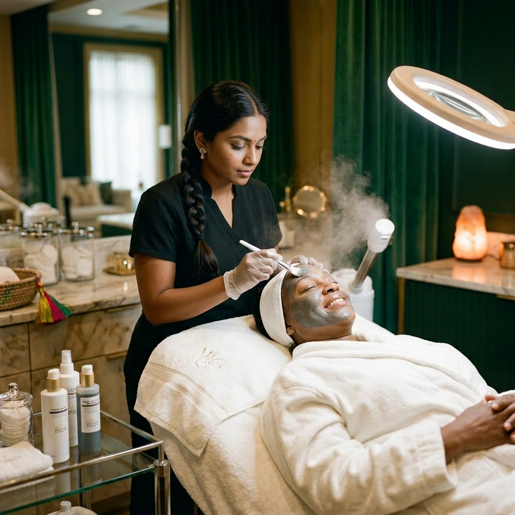 Skincare professional applying facial mask to client lying on spa bed